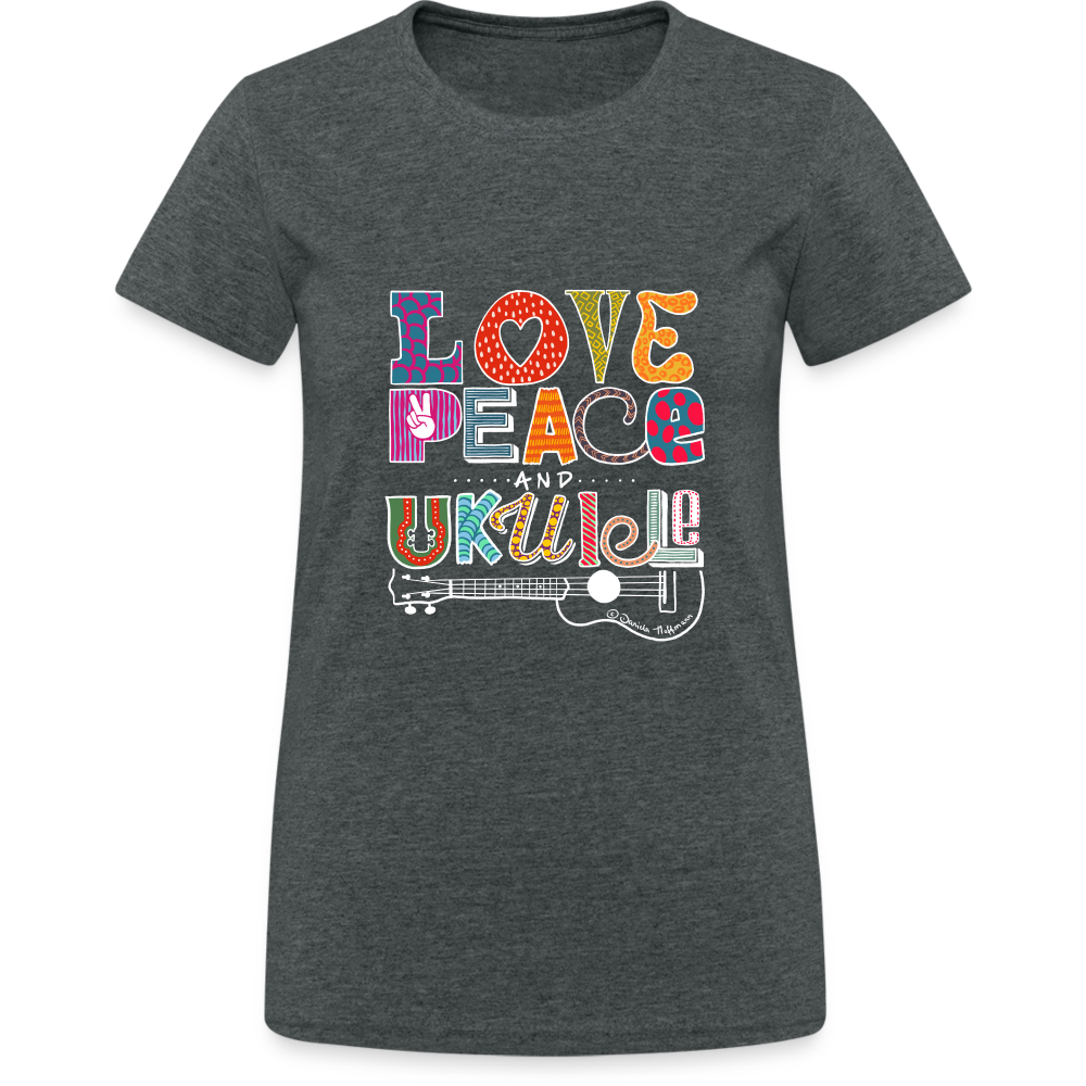 Ukulele Damen T-Shirt - "Love, Peace & Ukulele" - Dunkelgrau meliert