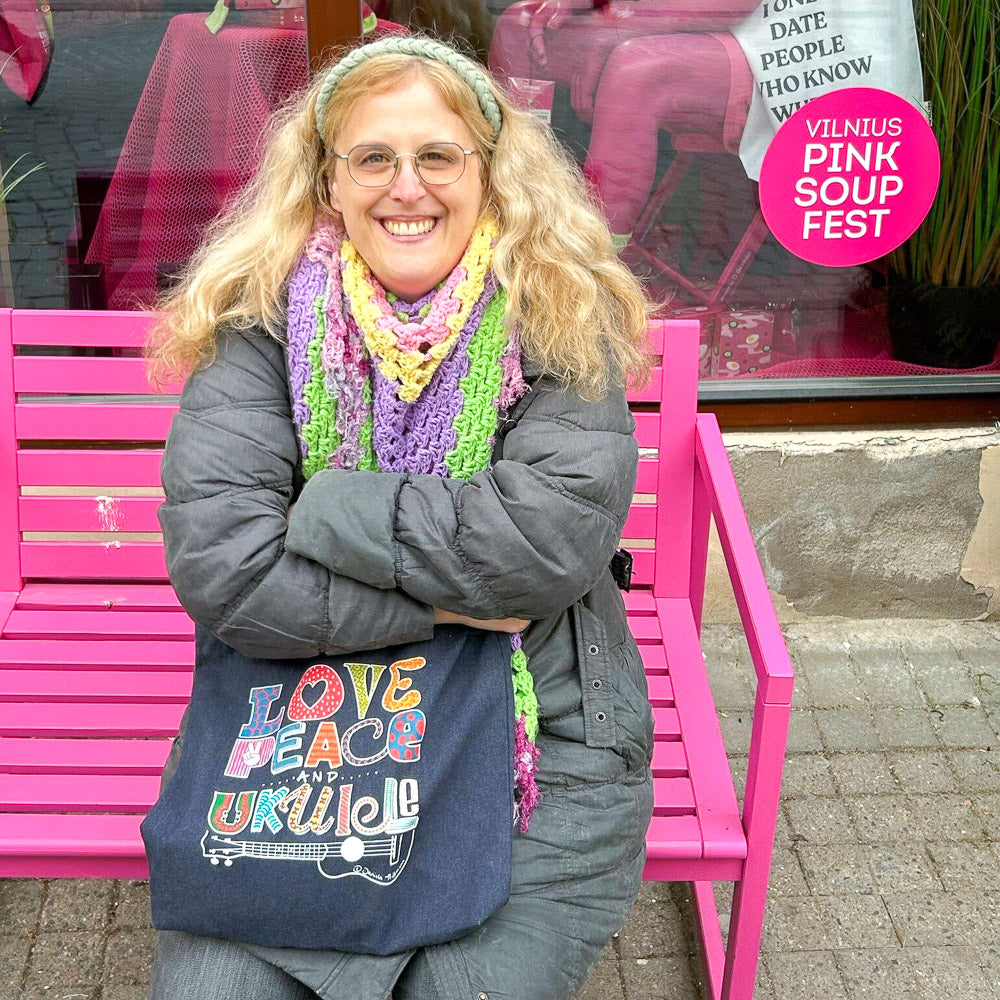 Baumwoll-Stoffbeutel mit "Love, Peace & Ukulele"-Design