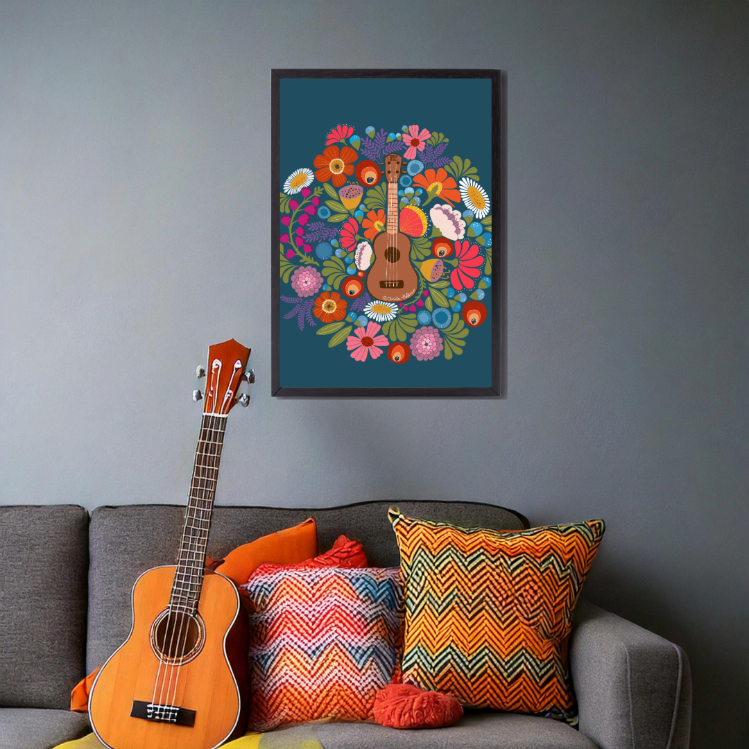 Ukulele Poster 40x60 cm - handgezeichnetes Blumen-Design
