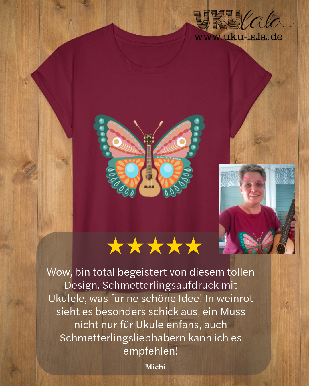 Ukulele Damen T-Shirt - "Ukulele-Schmetterling"