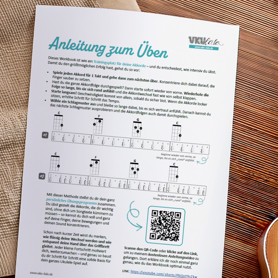 STARTER-BUNDLE: Kurs01 "Deine ersten 3 Lieder auf der Ukulele" + Workbooks "Basics" & "Akkord-Challenge"