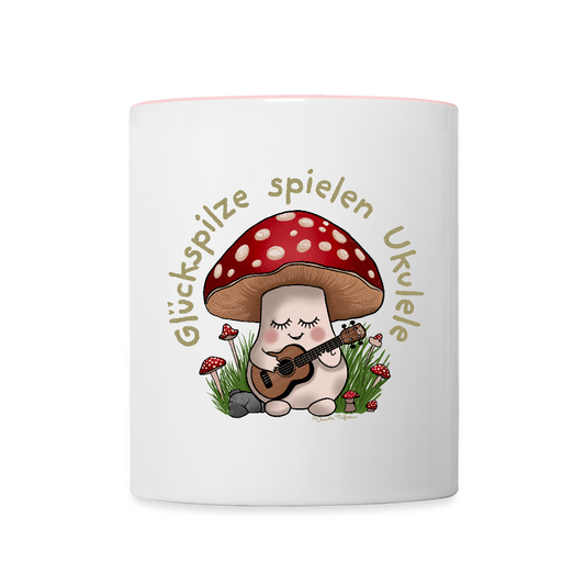 Tasse zweifarbig - "Glückspilze spielen Ukulele" - Weiß/Pink