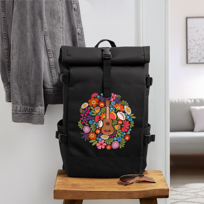 Ukulele Rolltop Rucksack "Ukulele im Blumenmeer" - Schwarz