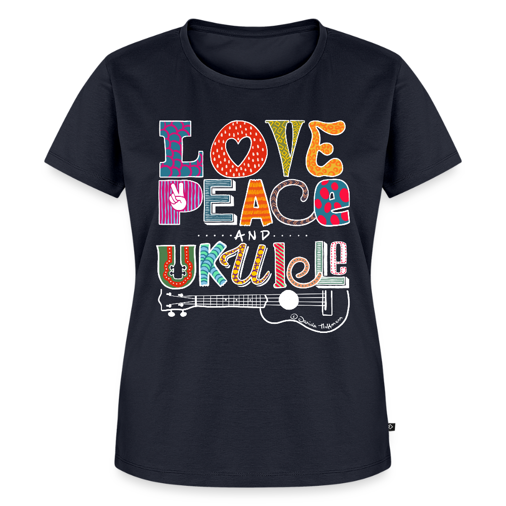 Damen Premium T-Shirt - „Love, Peace & Ukulele" - Navy