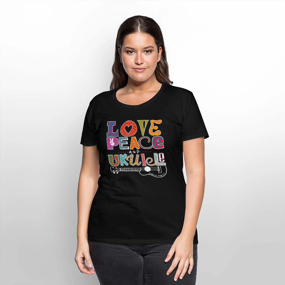 Damen Premium T-Shirt - „Love, Peace & Ukulele" - Schwarz