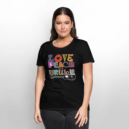 Damen Premium T-Shirt - „Love, Peace & Ukulele" - Schwarz