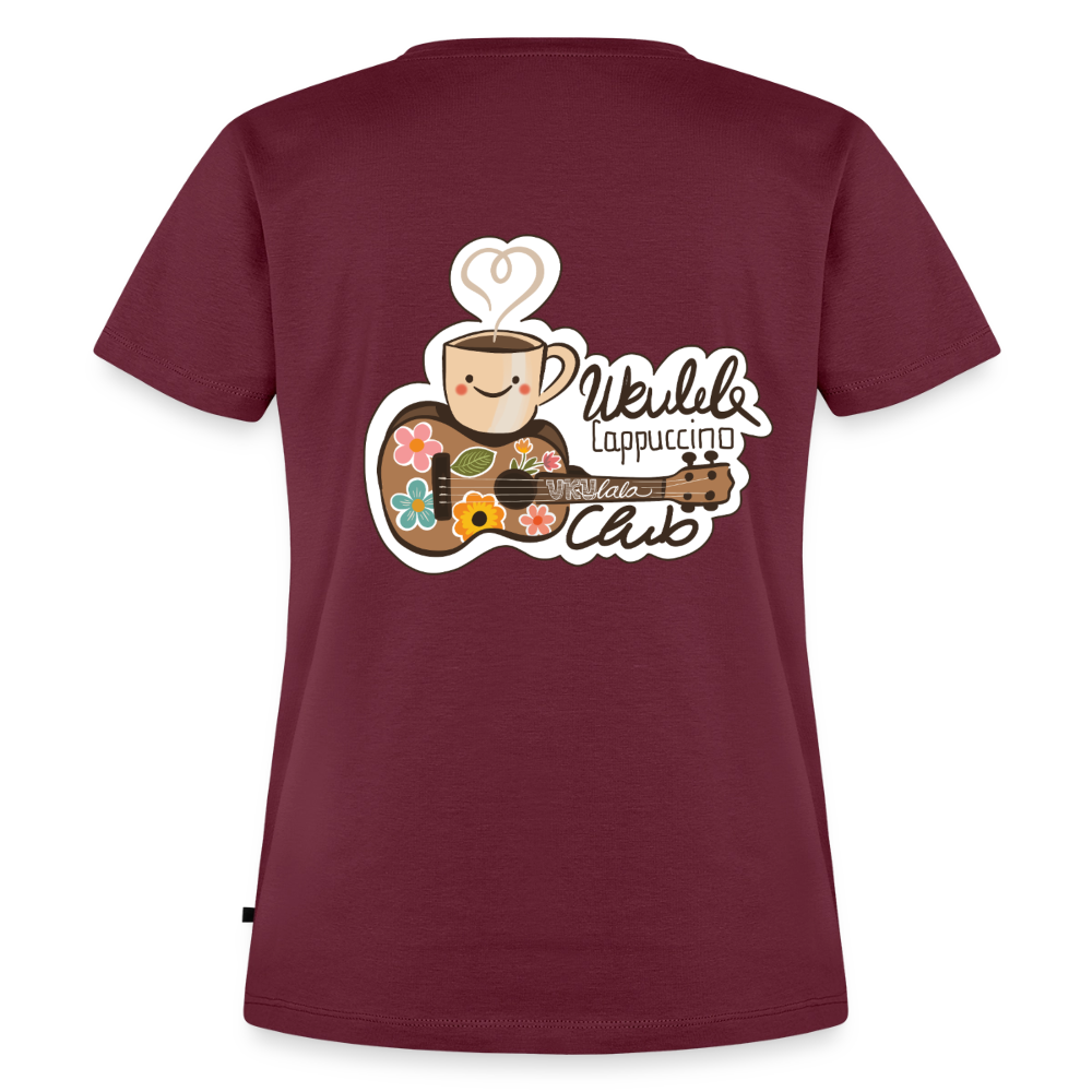 Damen Premium T-Shirt - „Ukulele Cappuccino Club" - Burgunderrot