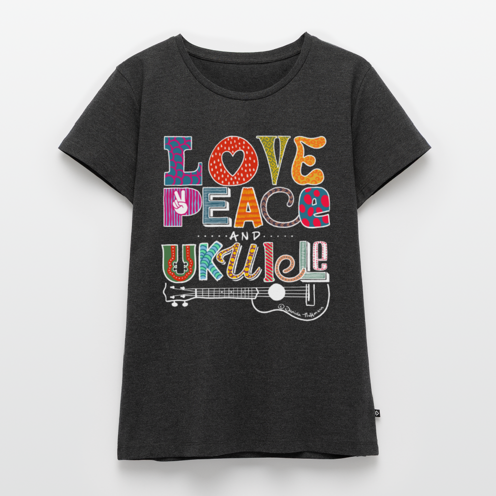 Damen Premium T-Shirt - „Love, Peace & Ukulele" - Anthrazit meliert