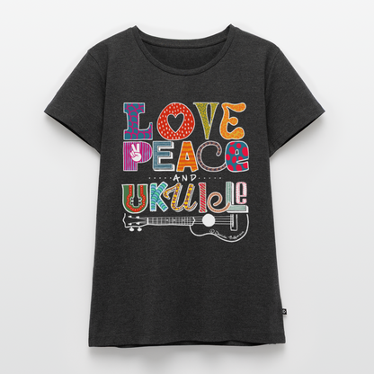 Damen Premium T-Shirt - „Love, Peace & Ukulele" - Anthrazit meliert