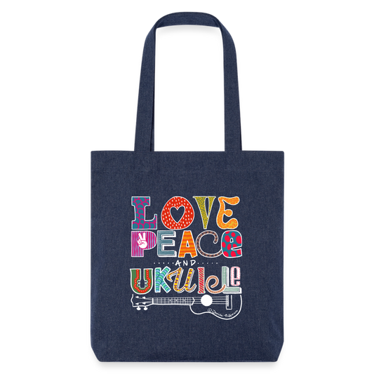 Baumwoll-Stoffbeutel mit "Love, Peace & Ukulele"-Design - melange Blue