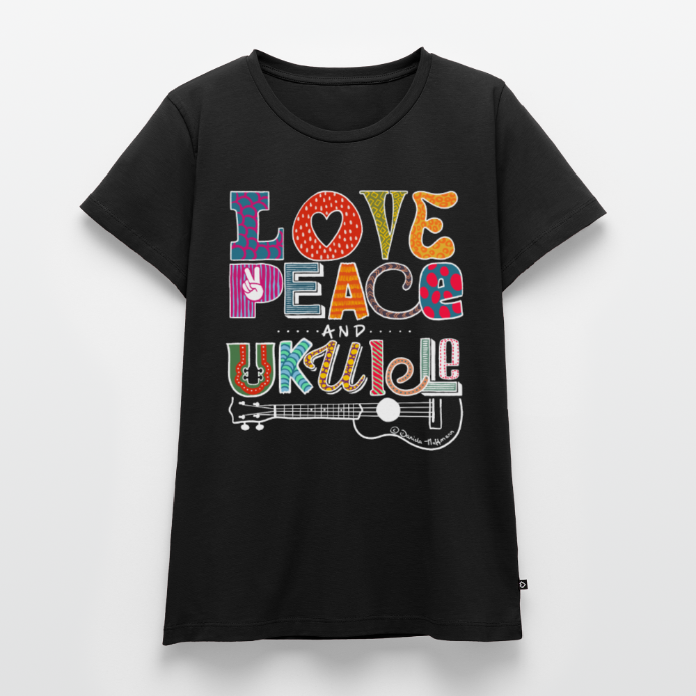 Damen Premium T-Shirt - „Love, Peace & Ukulele" - Schwarz