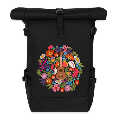 Ukulele Rolltop Rucksack "Ukulele im Blumenmeer" - Schwarz
