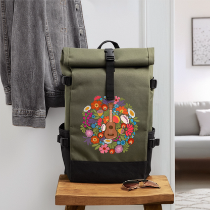 Ukulele Rolltop Rucksack "Ukulele im Blumenmeer" - Olive/Schwarz