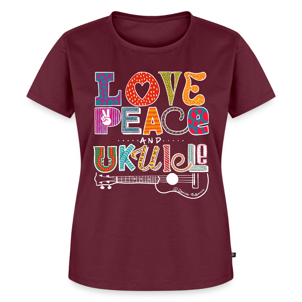 Damen Premium T-Shirt - „Love, Peace & Ukulele" - Burgunderrot