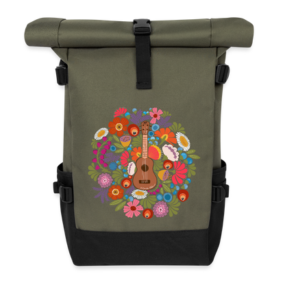 Ukulele Rolltop Rucksack "Ukulele im Blumenmeer" - Olive/Schwarz
