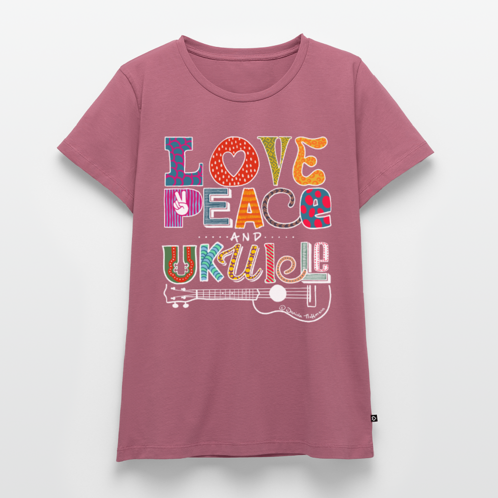 Damen Premium T-Shirt - „Love, Peace & Ukulele" - Mauve