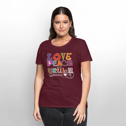 Damen Premium T-Shirt - „Love, Peace & Ukulele" - Burgunderrot