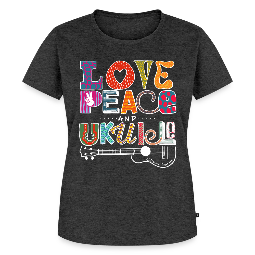 Damen Premium T-Shirt - „Love, Peace & Ukulele" - Anthrazit meliert
