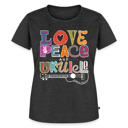 Damen Premium T-Shirt - „Love, Peace & Ukulele" - Anthrazit meliert