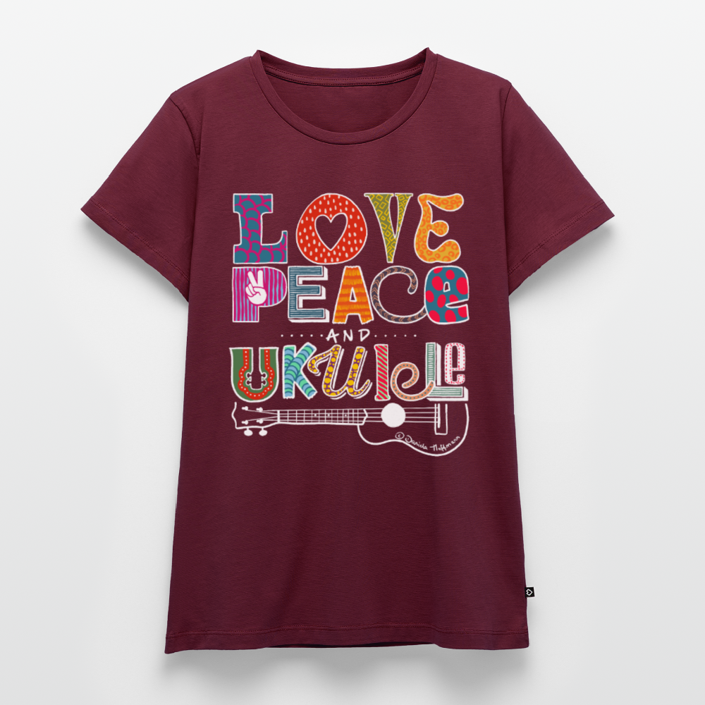 Damen Premium T-Shirt - „Love, Peace & Ukulele" - Burgunderrot