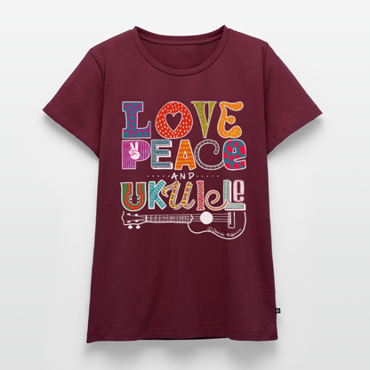 Damen Premium T-Shirt - „Love, Peace & Ukulele" - Burgunderrot