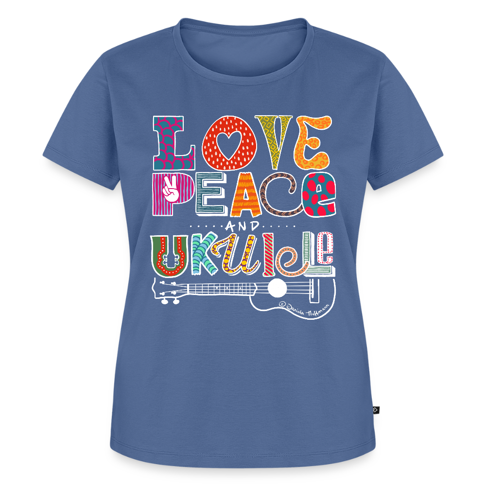 Damen Premium T-Shirt - „Love, Peace & Ukulele" - Taubenblau