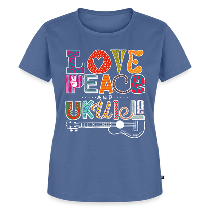 Damen Premium T-Shirt - „Love, Peace & Ukulele" - Taubenblau