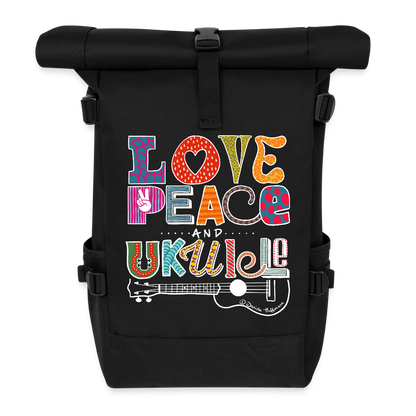 Ukulele Rolltop Rucksack "Love, Peace & Ukulele" - Schwarz