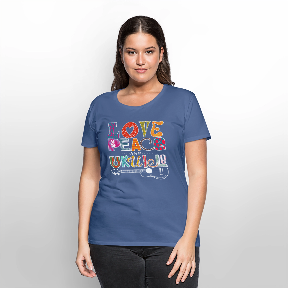 Damen Premium T-Shirt - „Love, Peace & Ukulele" - Taubenblau