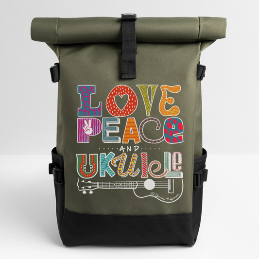 Ukulele Rolltop Rucksack "Love, Peace & Ukulele" - Olive/Schwarz