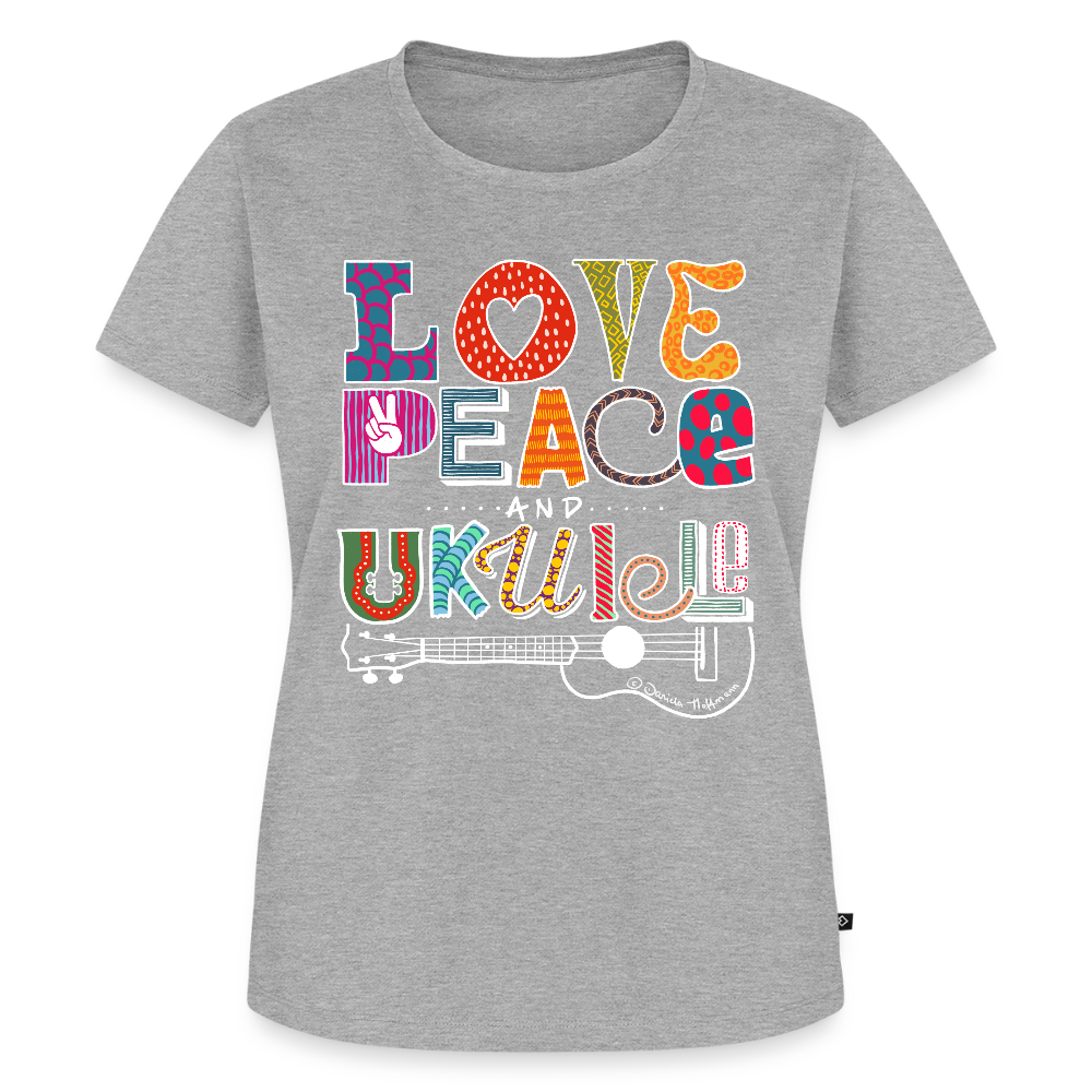 Damen Premium T-Shirt - „Love, Peace & Ukulele" - Grau meliert