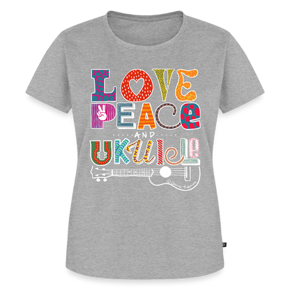 Damen Premium T-Shirt - „Love, Peace & Ukulele" - Grau meliert