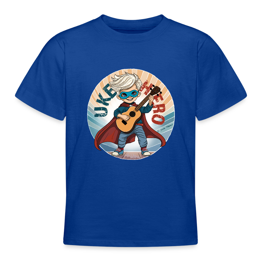 Ukulele T-Shirt - "Uke-Hero" für Kinder / Teenager - Royalblau