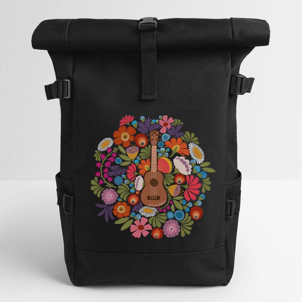 Ukulele Rolltop Rucksack "Ukulele im Blumenmeer" - Schwarz
