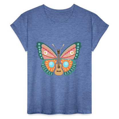 Ukulele Damen T-Shirt - "Ukulele-Schmetterling" - Denim meliert