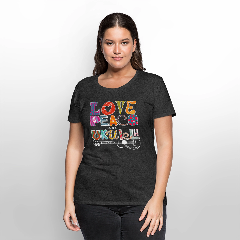 Damen Premium T-Shirt - „Love, Peace & Ukulele" - Anthrazit meliert