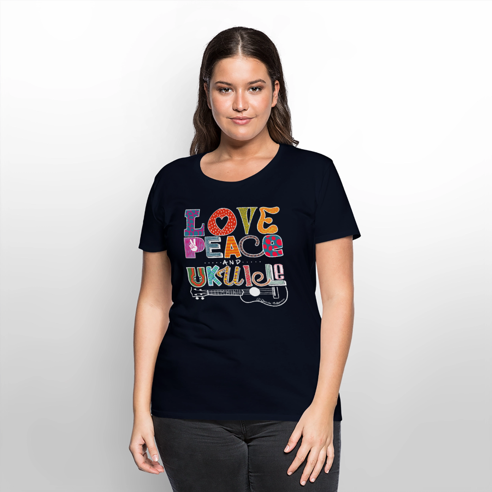 Damen Premium T-Shirt - „Love, Peace & Ukulele" - Navy