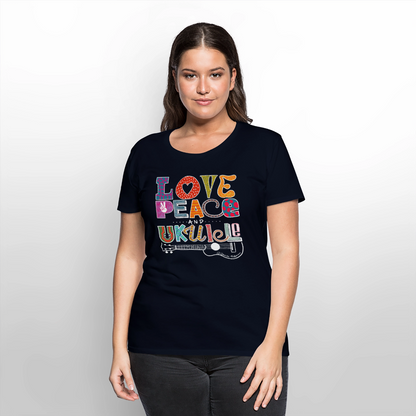 Damen Premium T-Shirt - „Love, Peace & Ukulele" - Navy