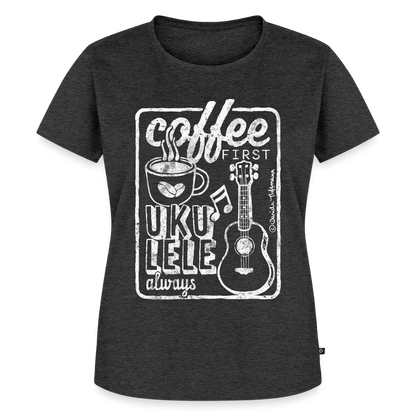 Damen Premium T-Shirt - "Coffee & Ukulele" - Anthrazit meliert