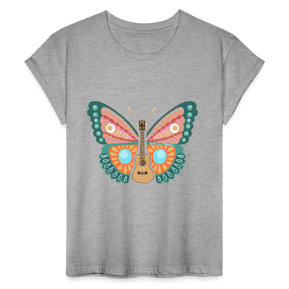Ukulele Damen T-Shirt - "Ukulele-Schmetterling" - Grau meliert