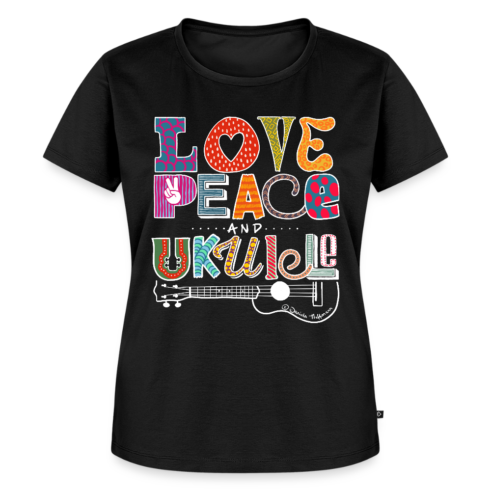Damen Premium T-Shirt - „Love, Peace & Ukulele" - Schwarz