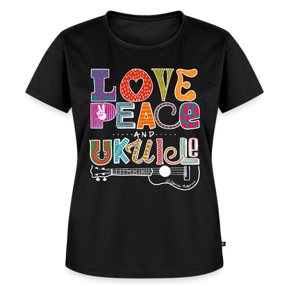 Damen Premium T-Shirt - „Love, Peace & Ukulele" - Schwarz