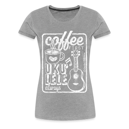 Damen Premium T-Shirt - "Coffee & Ukulele" - Grau meliert