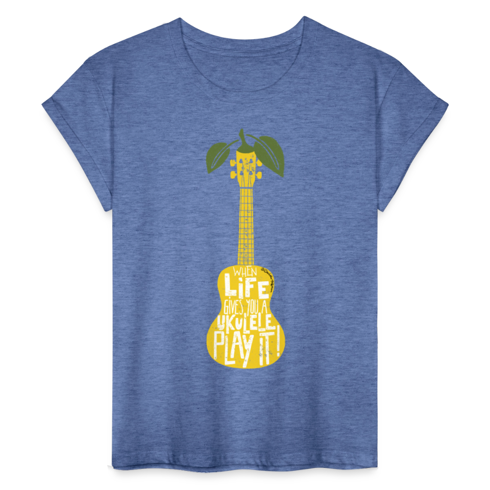 Ukulele Damen T-Shirt Oversize - "When life gives you a Ukulele - Play it!" - Denim meliert