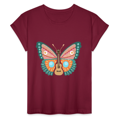 Ukulele Damen T-Shirt - "Ukulele-Schmetterling" - Bordeaux