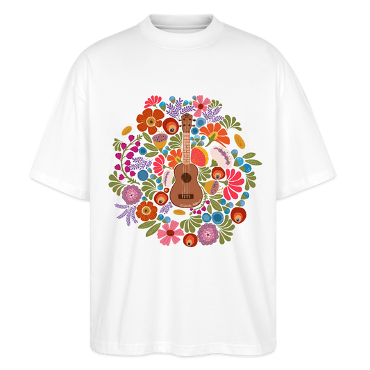 Ukulele Damen T-Shirt - "Ukulele im Blumenmeer" - CURVY VIBES - Weiß
