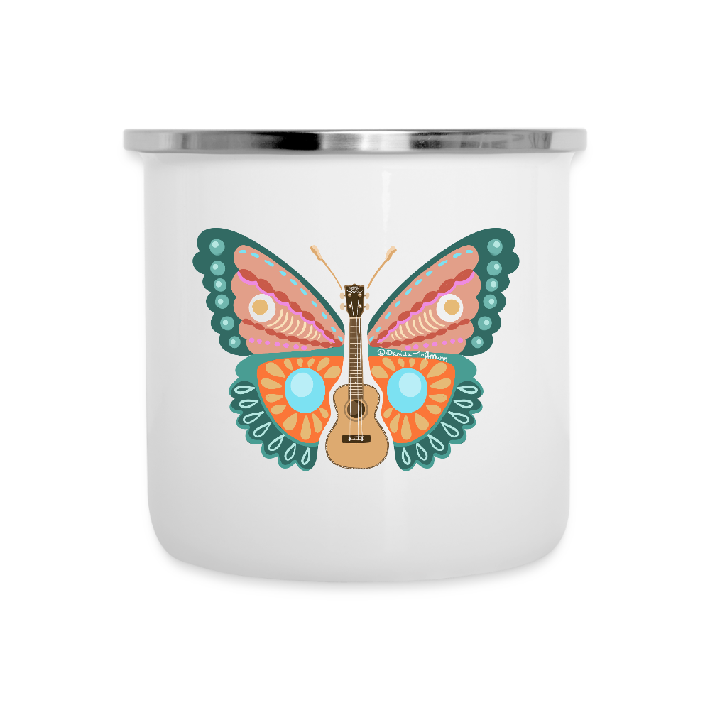 Ukulele Emaille-Tasse - "Ukulele Schmetterling" - Weiß