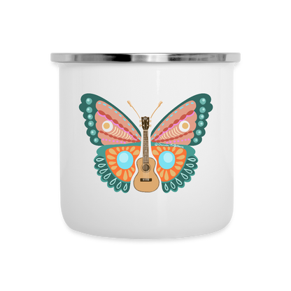Ukulele Emaille-Tasse - "Ukulele Schmetterling" - Weiß