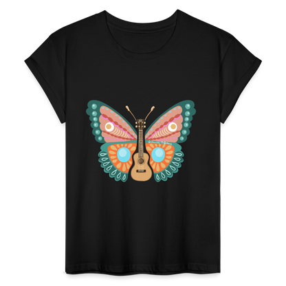Ukulele Damen T-Shirt - "Ukulele-Schmetterling" - Schwarz