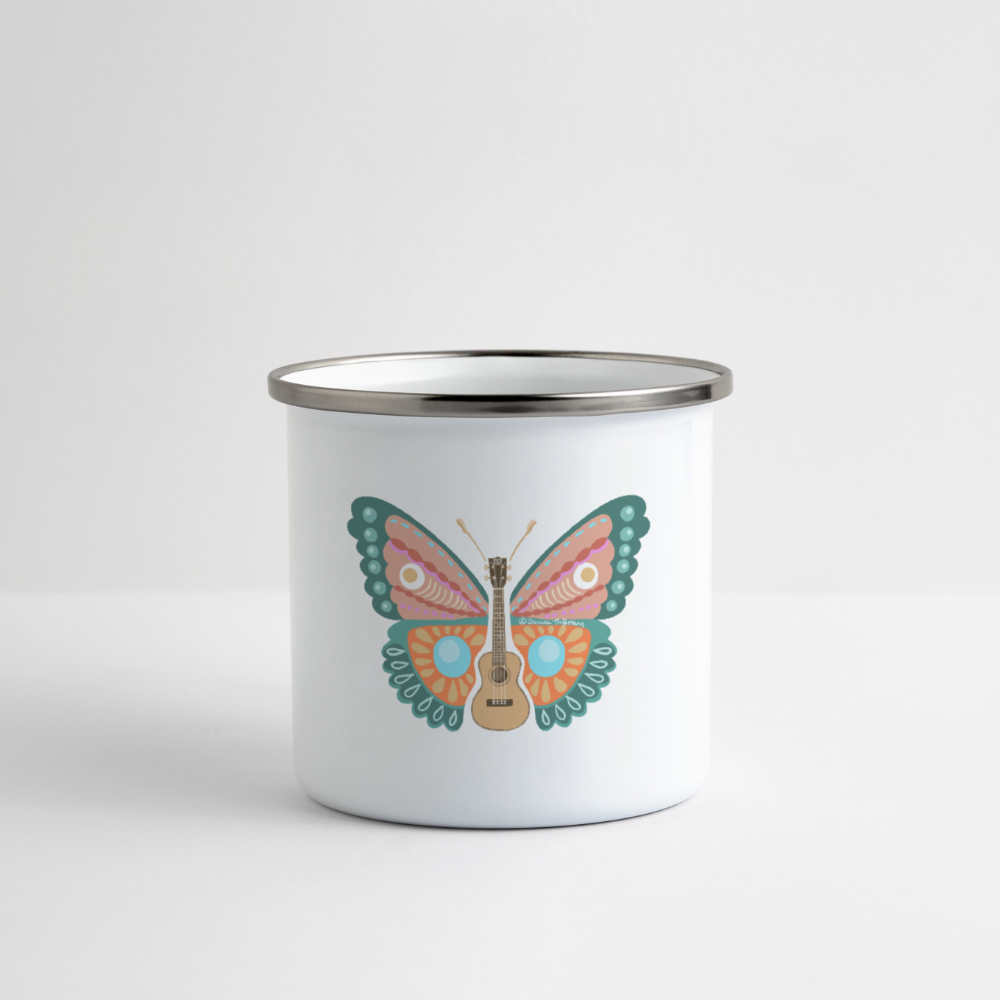 Ukulele Emaille-Tasse - "Ukulele Schmetterling" - Weiß